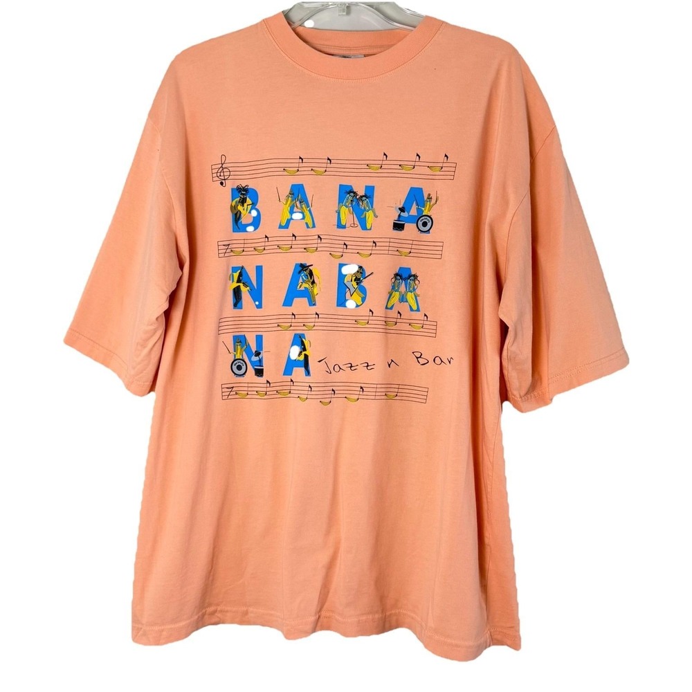 Y2K Mens XXL Graphic T-Shirt  Banana Beach Club peach Ile Maurice Jazz Bar